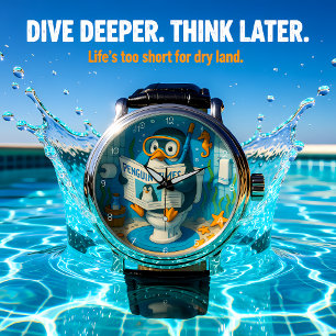 Reloj De Pulsera Pingüino Leyendo Periódico Bajo el Agua