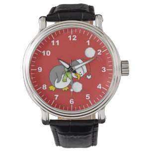 Reloj De Pulsera Pingüino navidad recibiendo bola de nieve