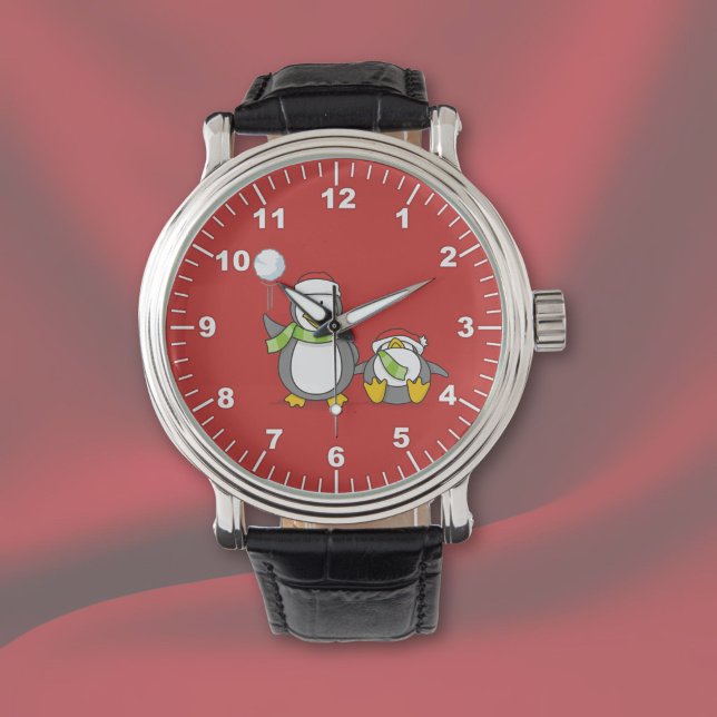 Reloj De Pulsera Pingüinos lanzando bolas de nieve en Navidad (Subido por el creador)