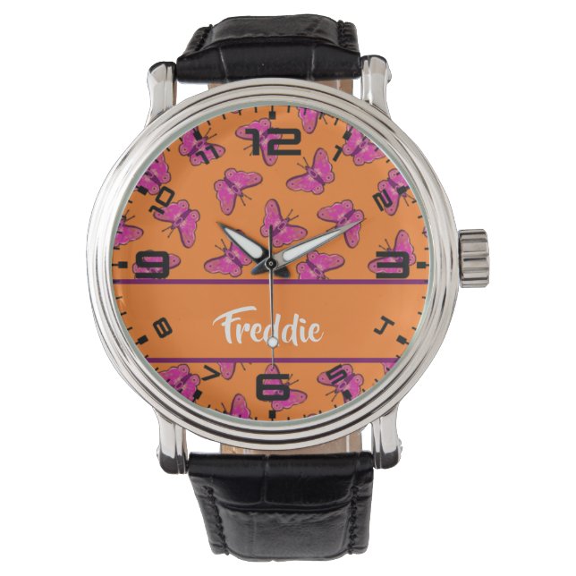Reloj De Pulsera Pink and purple butterflies on orange (Anverso)
