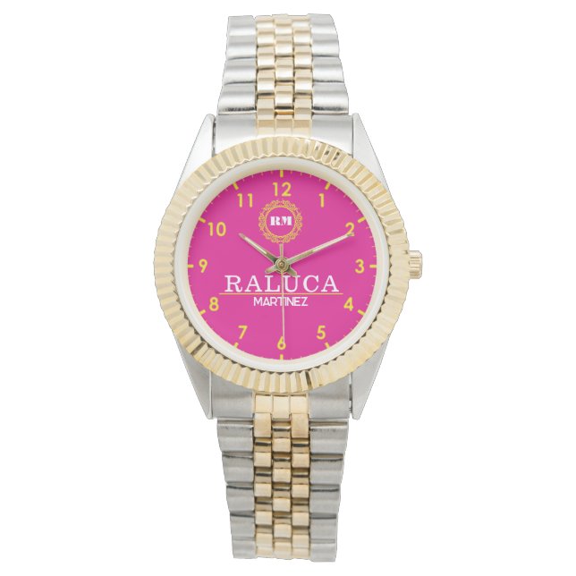 Reloj De Pulsera Pink and yellow minimal Monogram Name  (Anverso)
