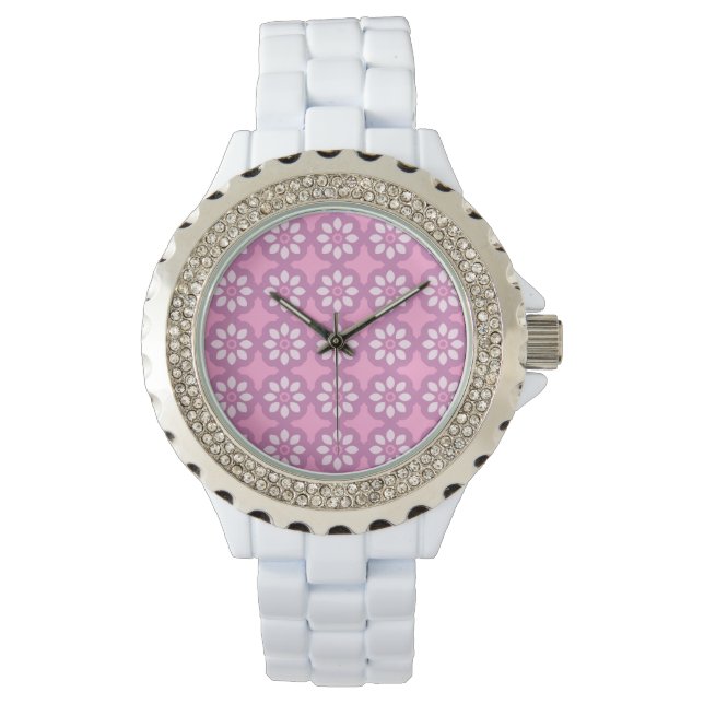 Reloj De Pulsera Pink Blossom Retro Tile Pattern (Anverso)