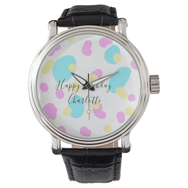 Reloj De Pulsera Pink blue yellowhappy birthday kids shapes abstrac (Anverso)