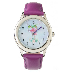 Reloj De Pulsera Pink Flamingo Momma & Baby with Palm Trete