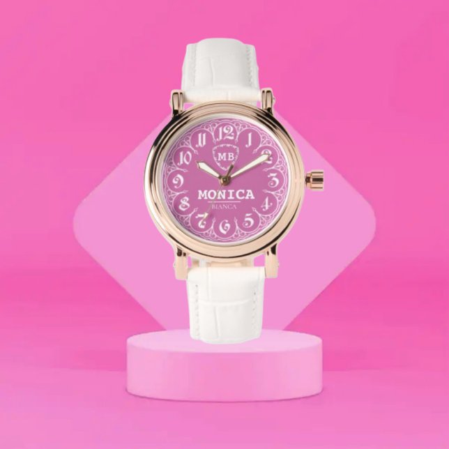 Reloj De Pulsera Pink Personalized with White LeatherMonogram Femin (Subido por el creador)