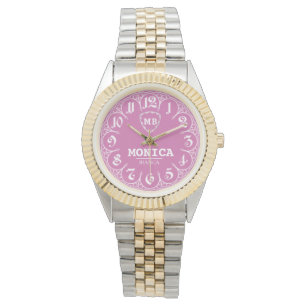 Reloj De Pulsera Pink Personalized with White LeatherMonogram Femin