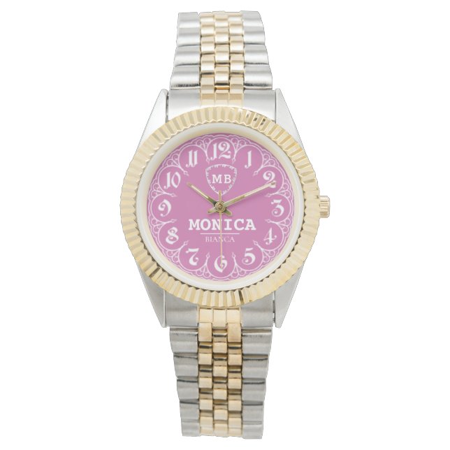 Reloj De Pulsera Pink Personalized with White LeatherMonogram Femin (Anverso)