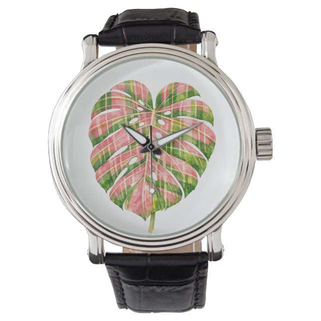 Reloj De Pulsera Pink Tartan Scottish Monstera Watercolour Botanic (Anverso)
