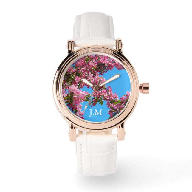 Reloj De Pulsera Pink Tree Blossom and Blue Sky Initials (Anverso)