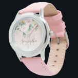 Reloj De Pulsera Pink y Flores Pastel Modernos Con Nombre<br><div class="desc">Pink y Flores Pastel Modernos Con Nombre</div>