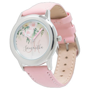 Reloj De Pulsera Pink y Flores Pastel Modernos Con Nombre