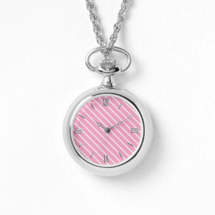 Reloj De Pulsera Pinstripes diagonales - cáscara rosa y blanco