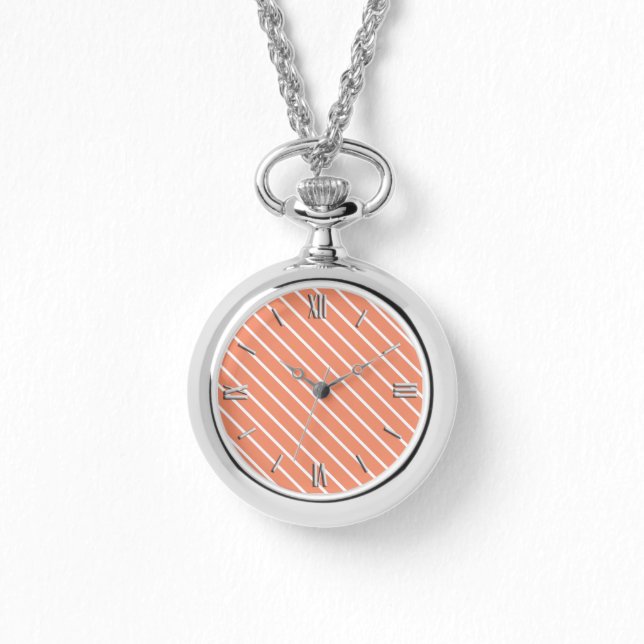 Reloj De Pulsera Pinstripes diagonales - naranja de coral y blanco (Anverso)