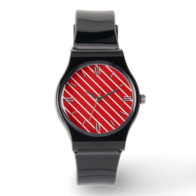 Reloj De Pulsera Pinstripes diagonales: rojo profundo y blanco (Anverso)
