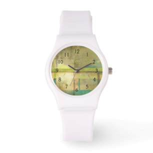 Reloj De Pulsera Pintado abstracto dorado turquesa y verde