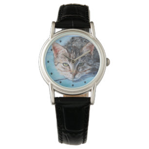 Reloj De Pulsera Pintado de Bella Artes grisáceo de gatos en la tab