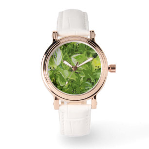 Reloj De Pulsera Pintura al óleo de hojas verdes,