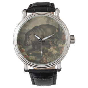 Reloj De Pulsera Pintura botánica de época de hipopótamo y flores