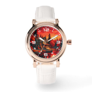 Reloj De Pulsera Pintura de atardecer con cabaña y lago-66633