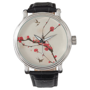 Reloj De Pulsera Pintura de estilo oriental, flor de ciruela en la