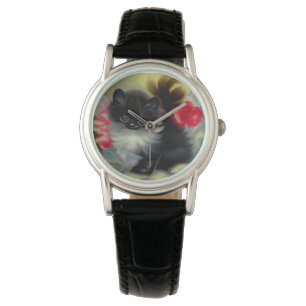 Reloj De Pulsera Pintura de gatito blanco y negro vintage