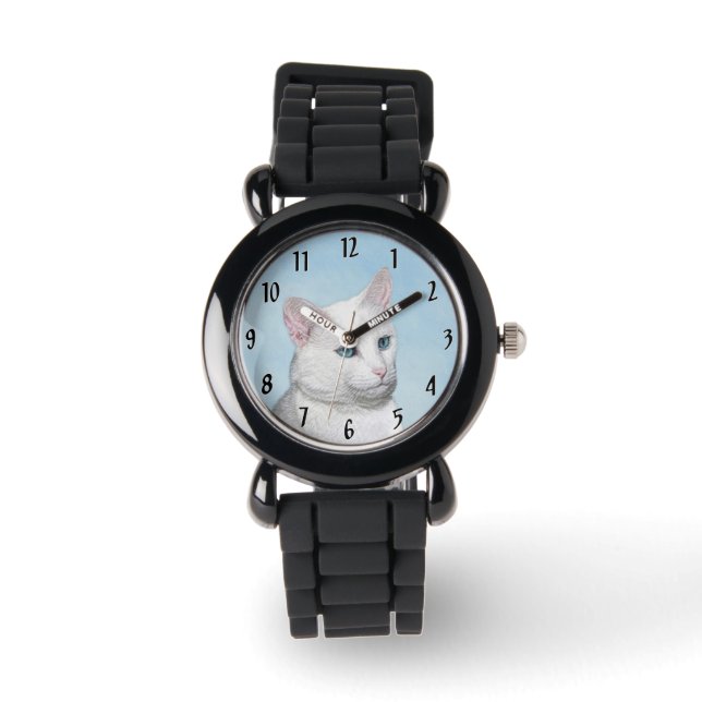 Reloj De Pulsera Pintura de gato blanco - Arte de gato original lin (Anverso)