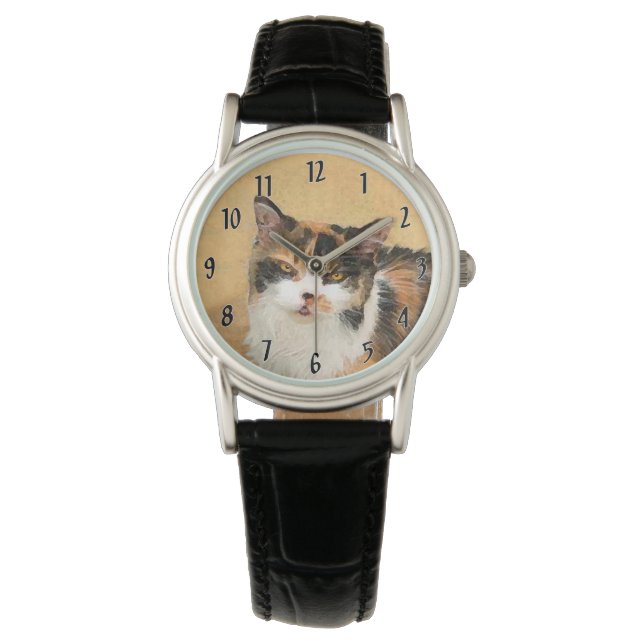 Reloj De Pulsera Pintura de gato calico - Arte de gato original lin (Anverso)