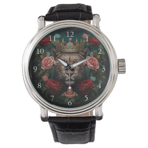 Reloj De Pulsera Pintura de Jaguar con Corona de Flores