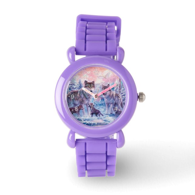 Reloj De Pulsera Pintura De La Familia De Lobos (Anverso)