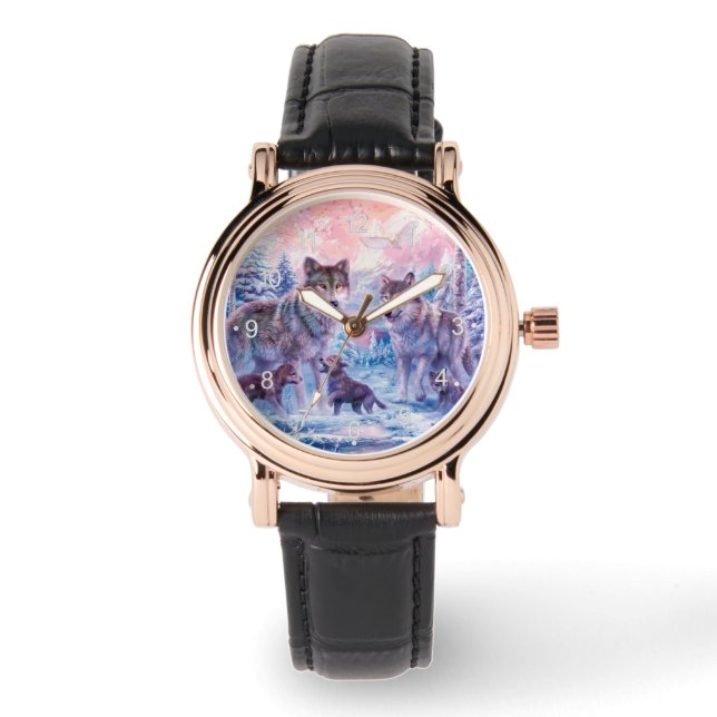 Reloj De Pulsera Pintura De La Familia De Lobos (Anverso)