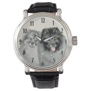 Reloj De Pulsera Pintura de madre y hijo Keeshond - Arte de perro o