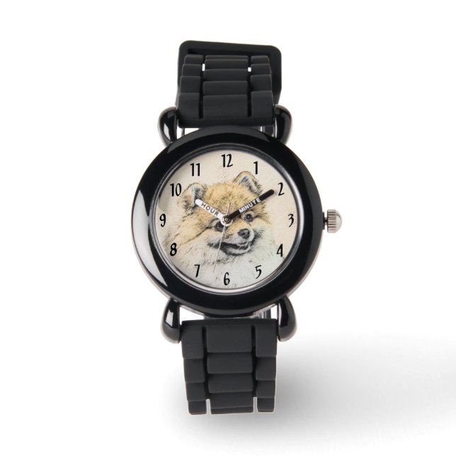 Reloj De Pulsera Pintura Pomerania (Naranja) - Arte Perro Original (Anverso)
