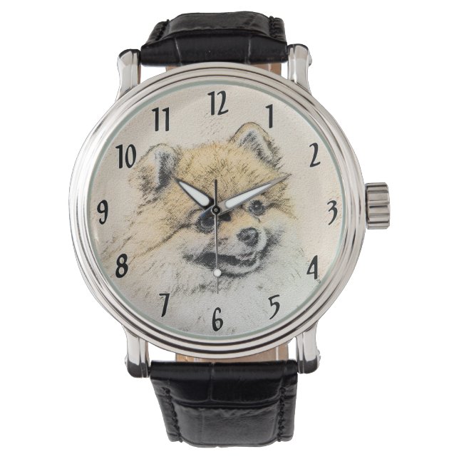 Reloj De Pulsera Pintura Pomerania (Naranja) - Arte Perro Original (Anverso)