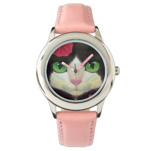 Reloj De Pulsera Pintura rosa de Rubor blanco negro frente a gato d