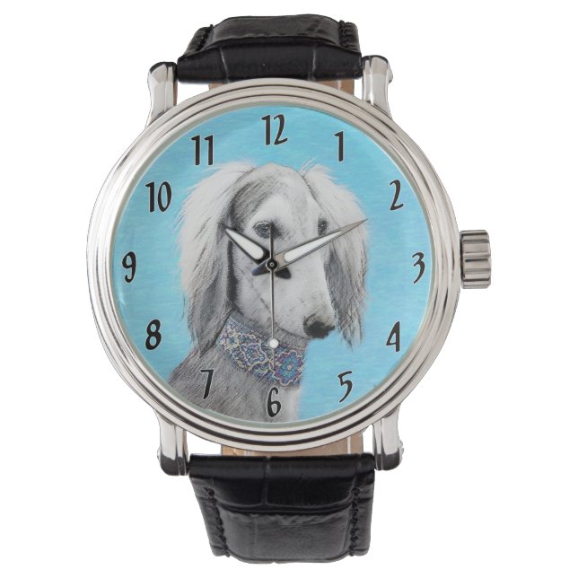 Reloj De Pulsera Pintura Saluki (plateada) - Arte Perro Original. (Anverso)