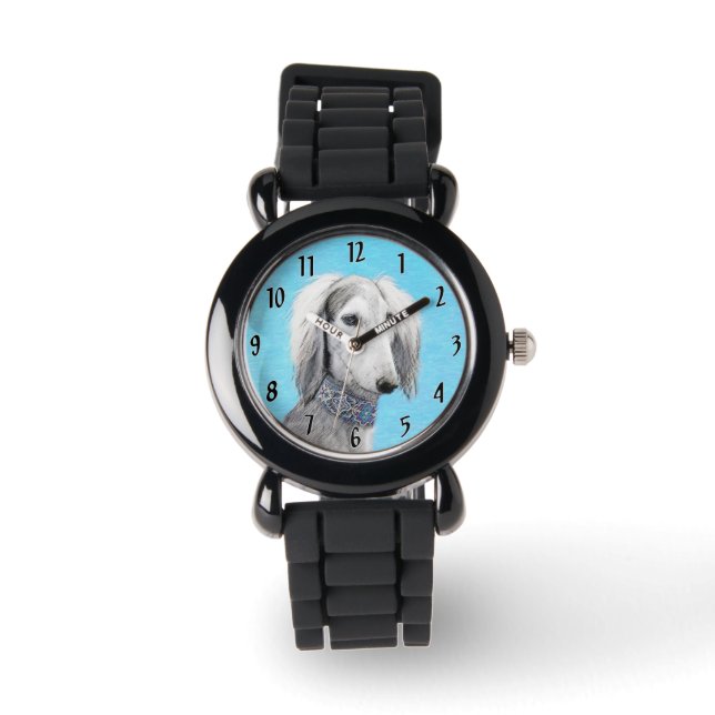 Reloj De Pulsera Pintura Saluki (plateada) - Arte Perro Original. (Anverso)