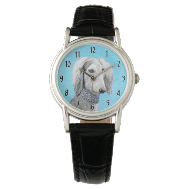 Reloj De Pulsera Pintura Saluki (plateada) - Arte Perro Original. (Anverso)