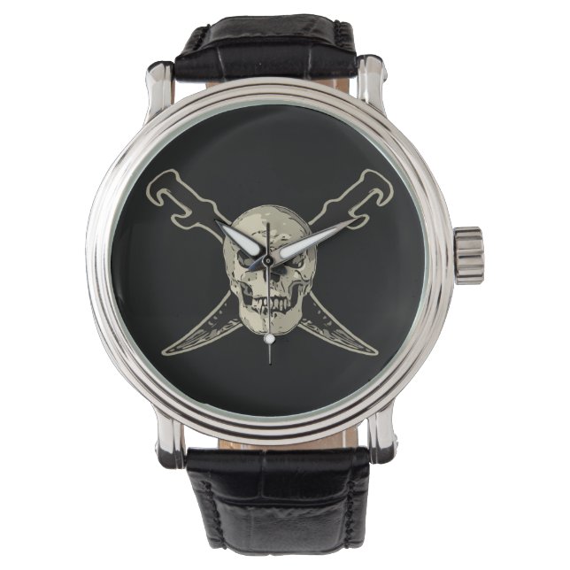 Reloj De Pulsera Pirata (cráneo) - Personalizado  de cuero negro d (Anverso)