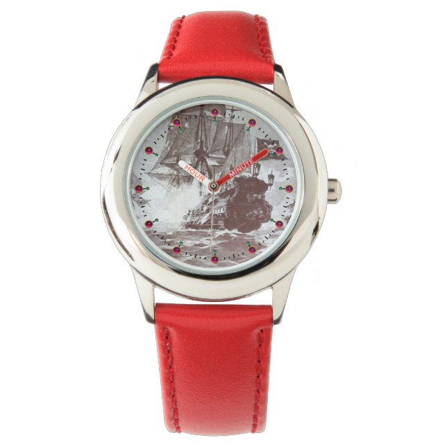 Reloj De Pulsera PIRATE SHIP BATTLE Antique Brown White Nautical (Anverso)