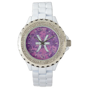 Reloj De Pulsera Pisces Zodiac en marcado de camuflaje rosa de Fuch
