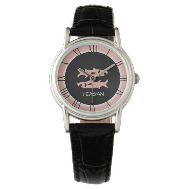 Reloj De Pulsera Pisces Zodiac Rótulo Rosa Nombre personalizado gri (Anverso)
