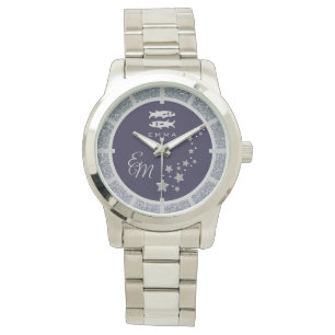 Reloj De Pulsera Pisces Zodiac Silver Purpurina Monograma azul oscu
