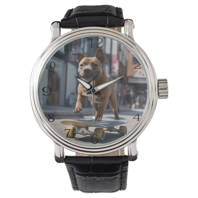 Reloj De Pulsera Pista de skateboard: Un Staffy en movimiento (Anverso)