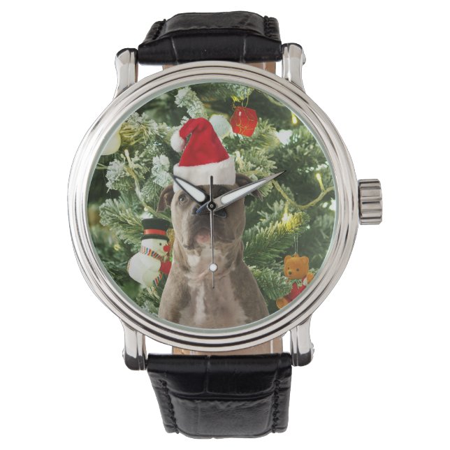 Reloj De Pulsera Pitbull Perro Árbol de Navidad Ornamentos Snowman (Anverso)