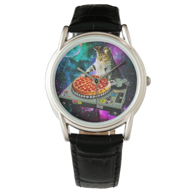 Reloj De Pulsera Pizza de gato dj espacial (Anverso)