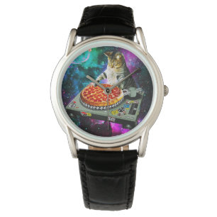 Reloj De Pulsera Pizza del gato de DJ del espacio