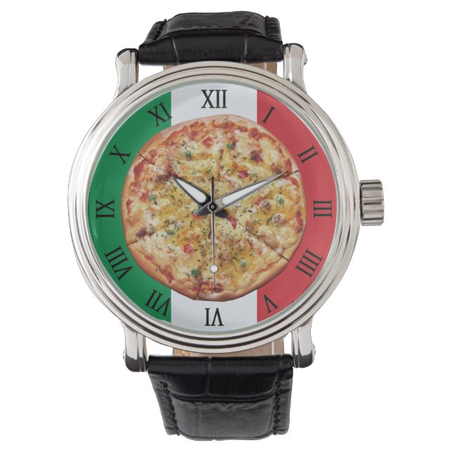 Reloj De Pulsera Pizza ~ Números romanos ~ Bandera italiana ~ (Anverso)