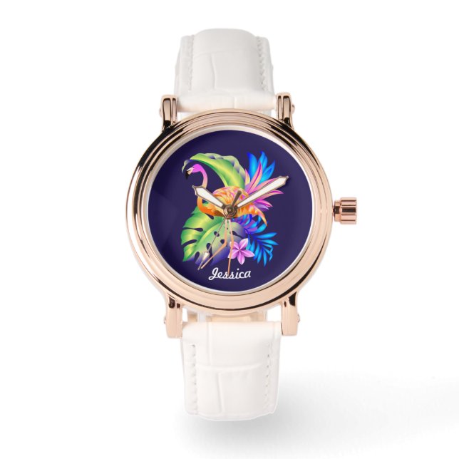 Reloj De Pulsera Plantas tropicales y flamencos personalizados (Anverso)