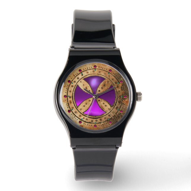 Reloj De Pulsera PLANTILLA ANTIGUA Gema Ametista Púrpura CRUZ (Anverso)