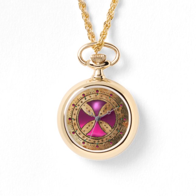 Reloj De Pulsera PLANTILLA ANTIGUA Gema de Fuchsia rosa CRUZ (Anverso)
